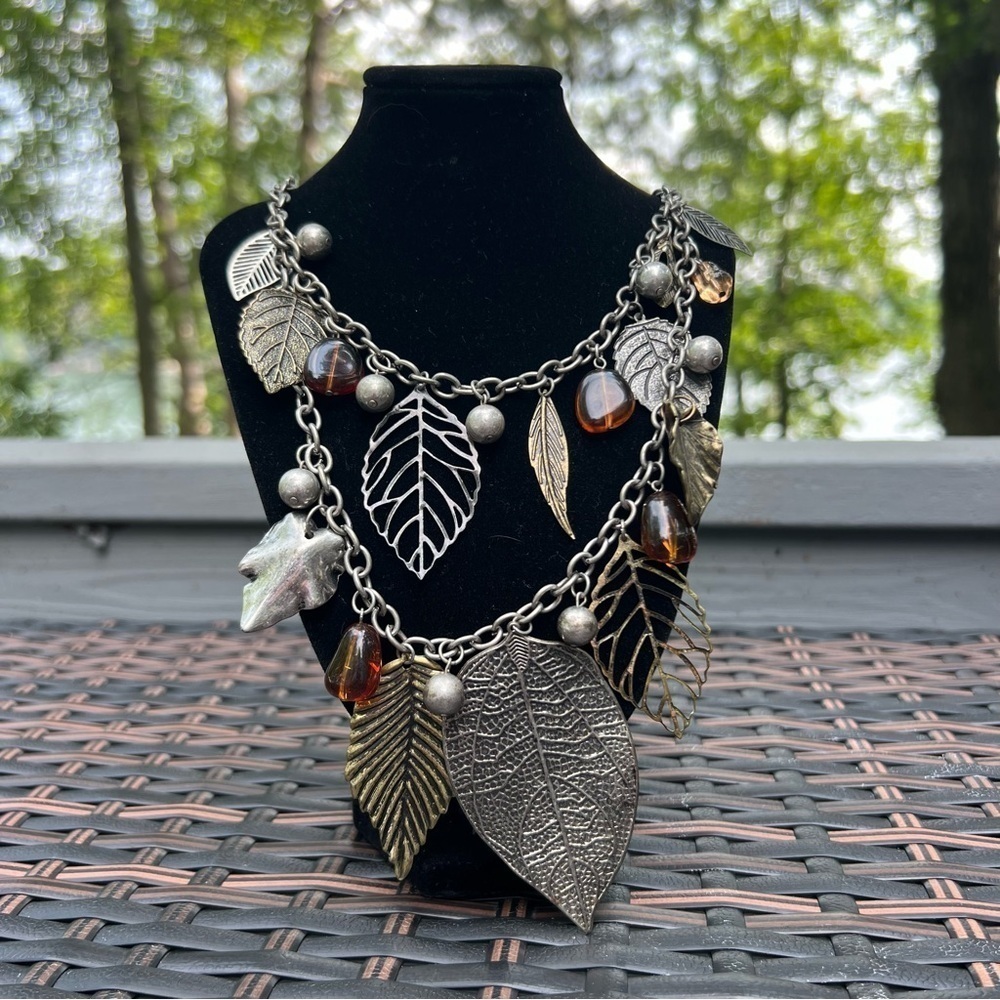 Fall Necklace Multi Layer Silver & Gold Leaves & BeadsOn Tarnished Silver Chain